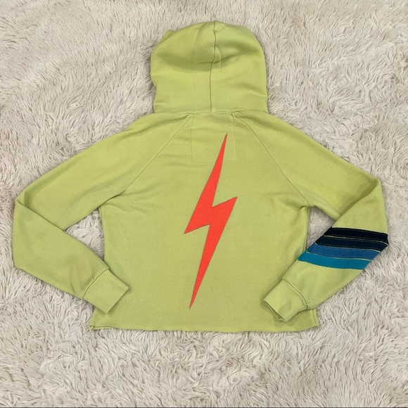 Aviator Nation Bolt Stitch Chevron Crop Hoodie Sweatshirt Top Women’s XS Yellow - Picture 4 of 7